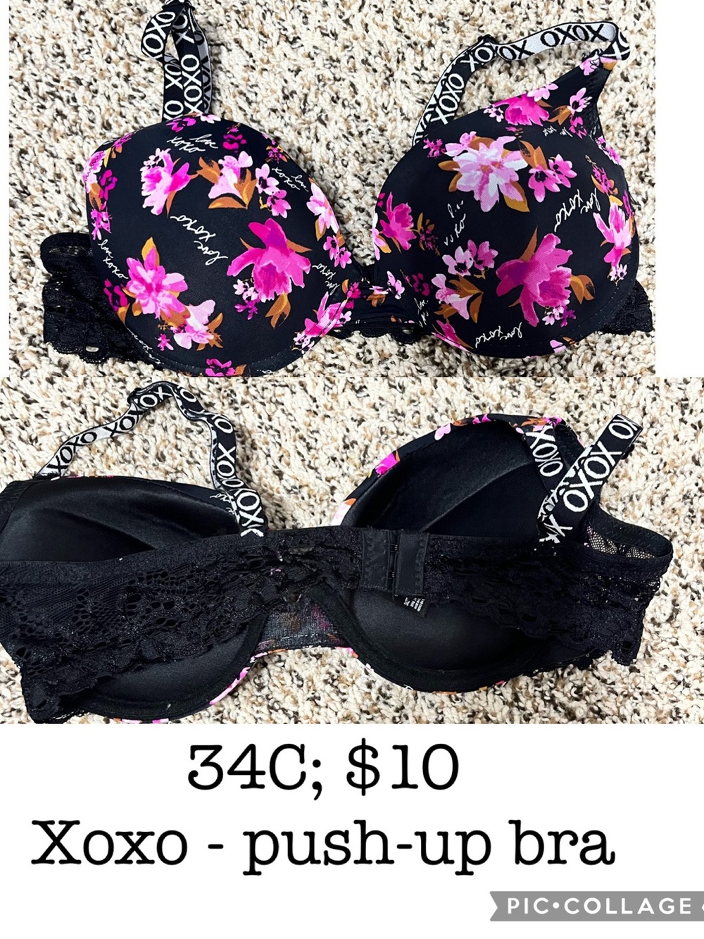 XOXO Black Bra with Pink Floral Print and Logo Straps